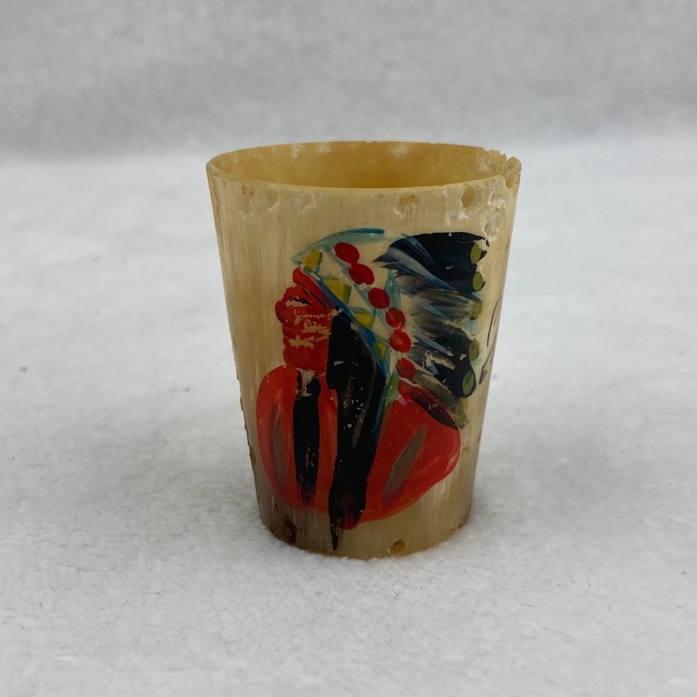 Hand-Painted Horn Shot Glass with Native Chief Motif - Natural Cream & Red 2”